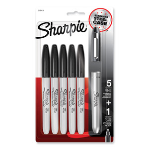 Sharpie Fine Tip Permanent Marker, Stainless Steel Single Marker Case, Fine Bullet Tip, Black, 5/Pack