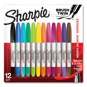 Sharpie Brush Tip Permanent Marker, Twin Tip, Ultra-Fine Needle/Broad Brush Tips, Assorted Colors, 12/Pack Sharpie Brush Tip Permanent Marker, Twin Tip, Ultra-Fine Needle/Broad Brush Tips, Assorted Colors, 12/Pack