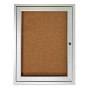 Ghent 1 Door Enclosed Natural Cork Bulletin Board with Satin Frame, 36" x 36", Tan Surface, Satin Aluminum Frame
