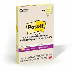 Post-it Super Sticky Adhesive Note - 4" Flag/Note Width x 6" Flag/Note Length - Rectangle - 45 Sheets per Pad - Canary Yellow - Repositionable