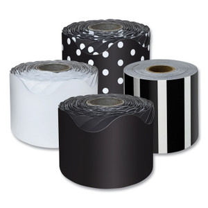 Carson-Dellosa Education Rolled Scalloped Border Set, (2) Solid Colors, (1) Horizontal Stripes, (1) Polka Dots, 2.25" x 65 ft, Assorted Colors, 4/Set
