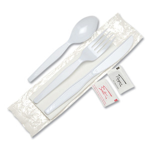 Dixie Individually Wrapped Mediumweight Polystyrene Cutlery, Knife/Fork/Teaspoon/Salt/Pepper/Napkin, White, 250/Carton View Product Image