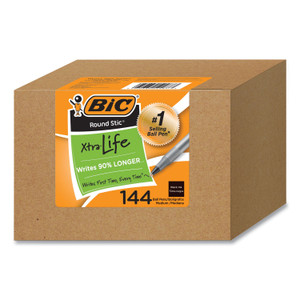 BIC Round Stic Xtra Life Ballpoint Pen, Stick, Medium 1 mm, Black Ink, Translucent Black Barrel, 144/Pack