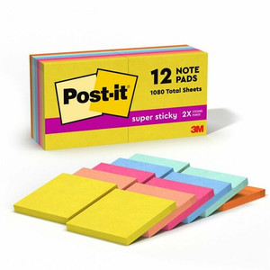 Post-it Super Sticky Note Pads - Summer Joy Color Collection - 3" Flag/Note Width x 3" Flag/Note Length - Square - 90 Sheets per Pad - Citron, Papaya Fizz, Power Pink, Washed Denim, Fresh Mint - (MMM65412SSJOY)