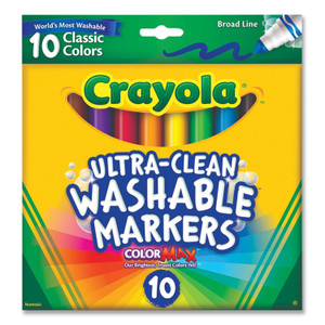 Crayola Ultra-Clean Washable Markers, Broad Bullet Tip, Assorted Colors, 10/Pack CYO587851