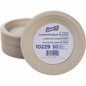 Genuine Joe 6" Compostable Plates - Breakroom, Office - Disposable - 6" Diameter - White, Natural - Sugarcane Body - (GJO10229)