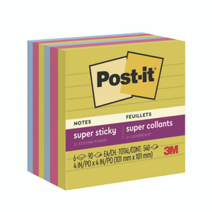 Post-it Notes Super Sticky Note Pads in Summer Joy Color Collection Colors, 4" x 4", Note Ruled, 90 Sheets/Pad, 6 Pads/Pack
