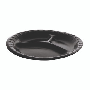 Pactiv Evergreen Placesetter Deluxe Laminated Foam Dinnerware, 3-Compartment Plate, 9" dia, Black, 200/Carton
