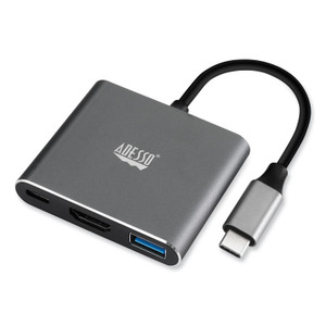 Adesso 3-in-1 USB-C Multi-Port TAA Compliant Docking Station, HDMI, USB-C, USB 3 A+PD, Black/Gray