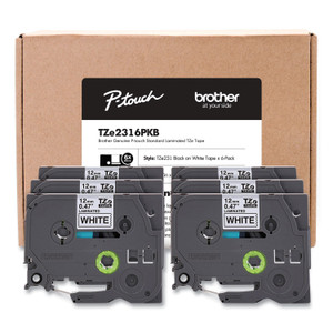 Brother P-Touch TZe Series Standard Adhesive Laminated Labeling Tape, 0.5", Black on White, 6/Pack