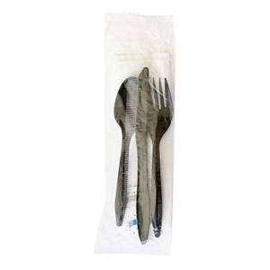 Boardwalk Six-Piece Cutlery Kit, Mediumweight, Fork/Knife/Napkin/Pepper/Salt/Spoon, 5.86", Plastic, Black, 250/Carton