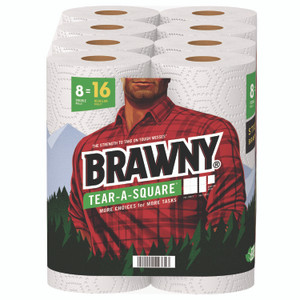 Brawny Tear-A-Square Perforated Kitchen Roll Towels, Double Roll, 2-Ply, 11" x 11", White, 120 Sheets/Roll, 8 Rolls/Pack