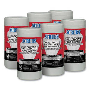 SCRUBS No Rinse Food Surface Disinfectant Wipes, 1-Ply, 7 x 8, Unscented, White, 80/Canister, 6/Carton