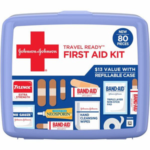 Johnson & Johnson Travel Ready First Aid Kit - 80 x Piece(s) - 5.5" Height x 6.3" Width x 1.7" Depth - Plastic Case - Blue