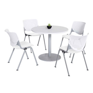 KFI Studios Pedestal Table with Four White Kool Series Chairs, Round, 36" Dia x 29h, Designer White KFI Studios Pedestal Table with Four White Kool Series Chairs, Round, 36" Dia x 29h, Designer White