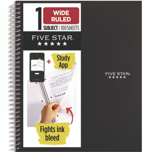 Five Star Wirebound Notebook, 1-Subject, Wide/Legal Rule, Black Cover, (100) 10.5 x 8.63 Sheets Five Star Wirebound Notebook, 1-Subject, Wide/Legal Rule, Black Cover, (100) 10.5 x 8.63 Sheets