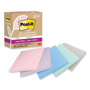 Post-it Notes Super Sticky 100% Recycled Paper Super Sticky Notes, 3" x 3", Wanderlust Pastels, 70 Sheets/Pad, 5 Pads/Pack