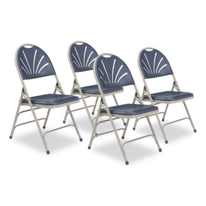 NPS 1100 Series Deluxe Fan-Back Tri-Brace Folding Chair, Supports Dark Blue Seat, Dark Blue Back, Gray Base, 4/Carton