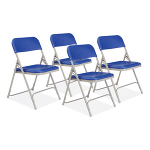 NPS 800 Series Premium Plastic Folding Chair, Supports Up to 500 lb, 18" Seat Height, Blue Seat, Blue Back, Gray Base, 4/Carton