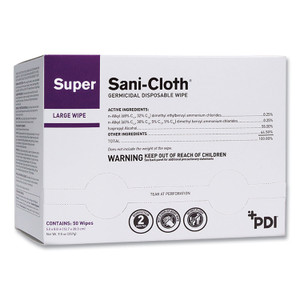 Sani Professional Super Sani-Cloth Individually Wrapped Germicidal Disposable Wipes, Large, 1-Ply, 5 x 8, Unscented, White, 50/Pack