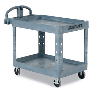 Rubbermaid Commercial BRUTE Heavy-Duty Ergo Handle Utility Cart, Plastic, Two Shelves, 500 lb Capacity, 25.5" x 44" x 39", Gray
