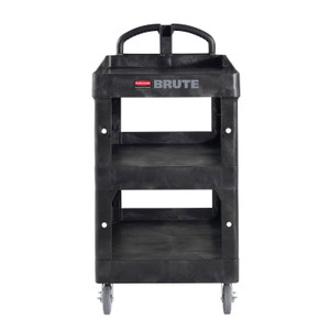 Rubbermaid Commercial BRUTE 3-Shelf Heavy-Duty Ergo Lipped Utility Cart, Resin, 3 Shelves, 600 lb Capacity, 25.24" x 44" x 47", Black