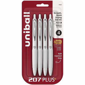 uniball™ 207 Plus Retractable Gel Pens - 0.7 mm Medium Pen Point - Retractable - Black Ink - Gel-based, Nanofiber Ink - White Barrel