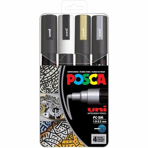 uniball™ POSCA Paint Marker - 1.8 mm Medium Bullet, 2.5 mm Marker Point - Erasable - Washable - Black, White, Gold, Silver Ink - Water Based