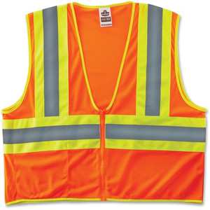 Ergodyne Class 2 Two-tone Orange Vest - Recommended for: Construction - Large/Extra Large - Zipper Closure - Polyester Mesh, Fabric - Orange, Lime, Silver