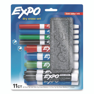 EXPO Low-Odor, Dry Erase 10-Color Marker and Eraser Set, Broad Chisel/Fine Bullet Tips, Assorted Colors, 11 Pieces/Set