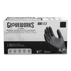 GloveWorks by AMMEX Nitrile Exam Gloves, Powder-Free, 6 mil, X-Large, Black, 100 Gloves/Box, 10 Boxes/Carton GloveWorks by AMMEX Nitrile Exam Gloves, Powder-Free, 6 mil, X-Large, Black, 100 Gloves/Box, 10 Boxes/Carton