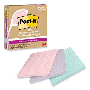 Post-it Notes Super Sticky 100% Recycled Paper Super Sticky Notes, Ruled, 4" x 4", Wanderlust Pastels, 70 Sheets/Pad, 3 Pads/Pack Post-it Notes Super Sticky 100% Recycled Paper Super Sticky Notes, Ruled, 4" x 4", Wanderlust Pastels, 70 Sheets/Pad, 3 Pads/Pack