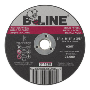 B-Line Cutting Wheel, 3 in dia, 1/16 in Thick, 3/8 in Arbor, 36 Grit, Alum Oxide View Product Image