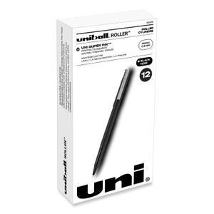 uniball Rollerball Pen, Stick, Extra-Fine 0.5 mm, Black Ink, Black Barrel, Dozen