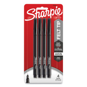 Sharpie Water-Resistant Ink Porous Point Pen, Stick, Fine 0.4 mm, Black Ink, Black Barrel, 4/Pack
