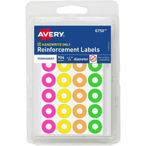 Avery Reinforcement Stickers, 1/4" , Neon, 924 Total (6750) - 0.3" Diameter - 3 x Holes - Round - AVE06750