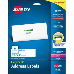 Avery Easy Peel Address Label - 1 21/64" Widthss x 4" Length - Permanent Adhesive - Rectangle - Inkjet, Laser - Matte White - AVE18262