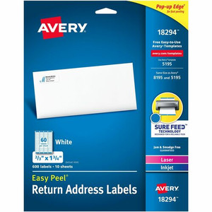 Avery Easy Peal Sure Feed Address Labels - 21/32" Width x 1 3/4" Length - Permanent Adhesive - Rectangle - Inkjet, Laser - Matte White