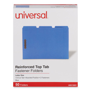Universal Deluxe Reinforced Top Tab Fastener Folders, 0.75" Expansion, 2 Fasteners, Letter Size, Blue Exterior, 50/Box