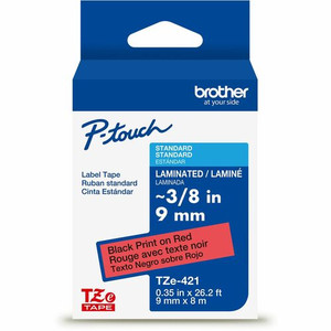 Brother Genuine P-touch TZe421 BK on RD Label Tape, Laminated, 9mmX8m - x 23/64" Width - Red