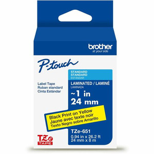 Brother Genuine P-touch TZe651 BK on YL Label Tape, Laminated, 24mmX8m - x 15/16" Width - Yellow