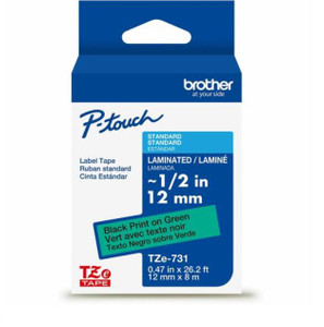 Brother Genuine P-touch TZe731 BK on GRN Label Tape, Laminated, 12mmX8m - x 15/32" Width - Green - Polyester - Water Resistant - Laminated