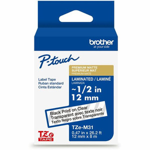 Brother Genuine P-touch TZeM31 BK on CLR Label Tape, Premium Matte Laminated, 12mmX8m - x 15/32" Width - Matte Clear