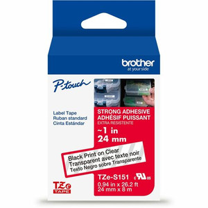 Brother Genuine P-touch TZeS151 BK on CLR Label Tape, Strong Adhesive Lam., 24mmX8m - x 15/16" Width - Clear