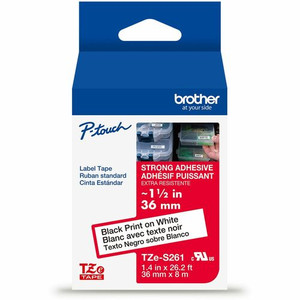 Brother Genuine P-touch TZeS261 BK on WHT Label Tape, Strong Adhesive Lam., 36mmX8m - x 1 27/64" Width - White