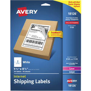 Avery Internet Shipping Labels, 5-1/2" x 8-1/2" , 20 Labels (18126) - x 5 1/2" Width x 8 1/2" Length - Permanent Adhesive - Rectangle - Laser, Inkjet - Matte - White - AVE18126