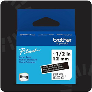 Brother P-touch BTAG-335 White on Black Label Tape - x 15/32" Width x 13 1/8 ft Length - Removable Adhesive - White on Black - BRTBTAG335
