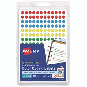 Avery Handwrite Only Self-Adhesive Removable Round Color-Coding Labels, 0.25" dia, Assorted, 192/Sheet, 4 Sheets/Pack, (5795) Avery Handwrite Only Self-Adhesive Removable Round Color-Coding Labels, 0.25" dia, Assorted, 192/Sheet, 4 Sheets/Pack, (5795)