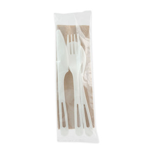 World Centric TPLA Compostable Cutlery, Knife/Fork/Spoon/Napkin, 6", White, 250/Carton (WORASPSTN) View Product Image