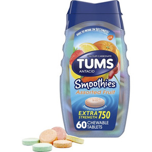 TUMS Smoothies Extra Strength Antacid Chewable Tablet - For Acid Indigestion, Heartburn, Sour Stomach, Upset Stomach - Assorted Fruit - 60/Bottle